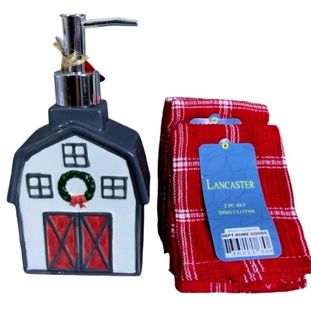 Holiday Soap Dispenser Barn Farmhouse Plaid Dish Cloth Red White Gift Set 5 PC